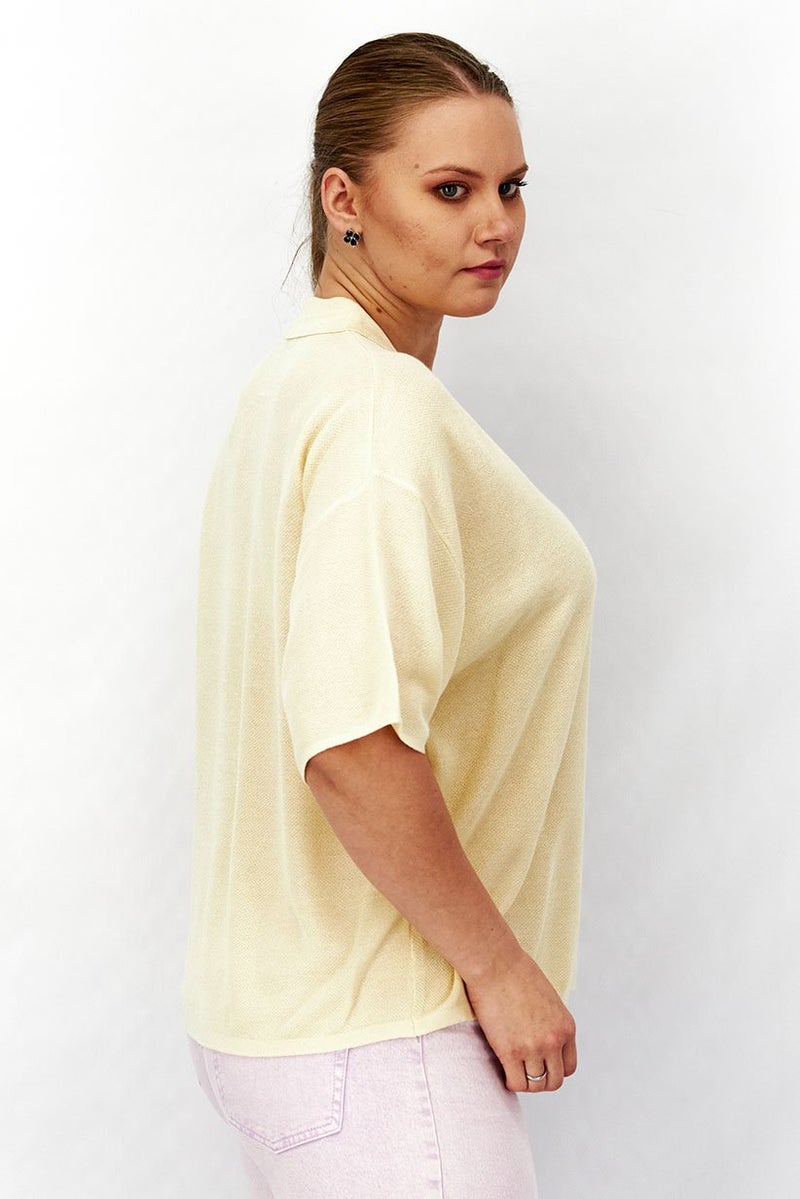 Tchibo Women Spread Collar Short Sleeves Textured Top, Beige - Image 2