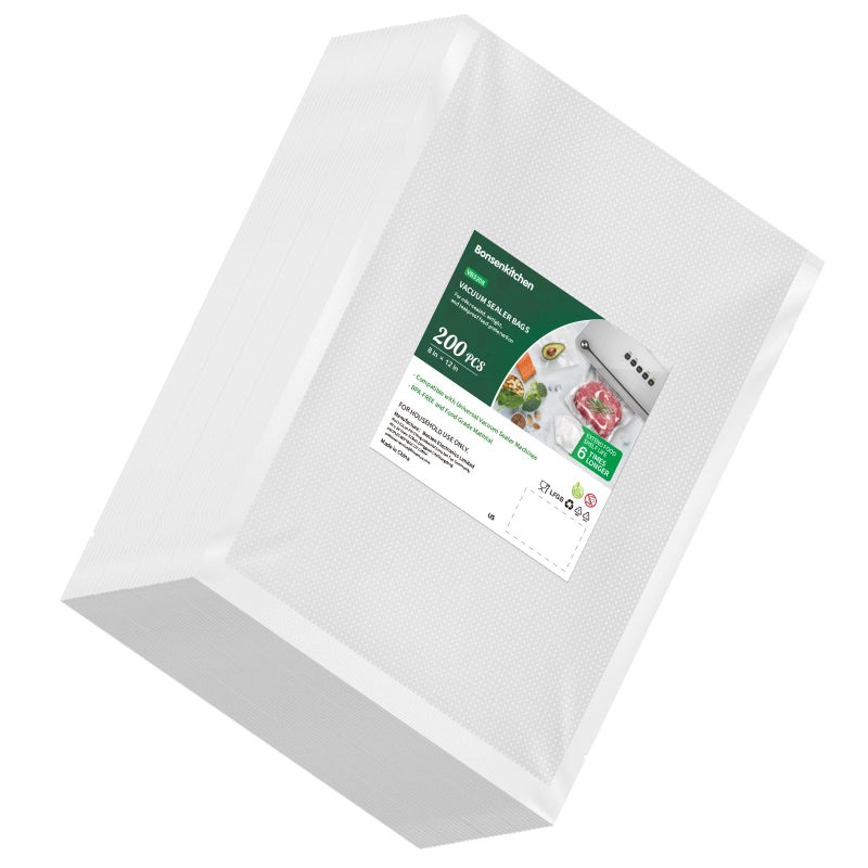 Bonsenkitchen Precut Vacuum Sealer Bags 200 Quart 8 x 12 BPA Free Commercial Grade Textured Food Vacuum Sealer Bag Thick Embossed Bags for Storage and Sous Vide Cooking VB3208