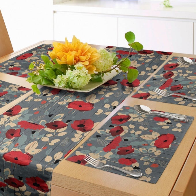 POPPY FLOWER TABLE RUNNER PLACEMATS ABSTRACTION OF A GROWING FLORAL GARDEN LEAVES BOTANICAL MODERN NATURE SET FOR DINING TABLE DECOR PLACEMAT 4 PCS RUNNER 16X72 BEIGE GREY