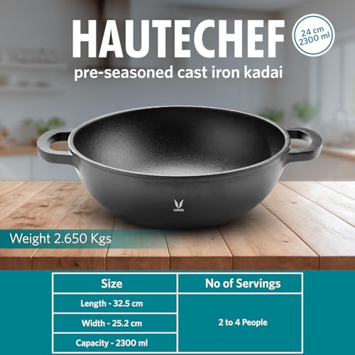 VAYA HauteChef Cast Iron Kadai, 24 cm, Pre-Seasoned & Naturally Non-Stick, 100% Pure & Toxin-Free, Deep Design for Frying & Curries, Induction Base, Rust-Resistant, Ergonomic Handles - Image 5