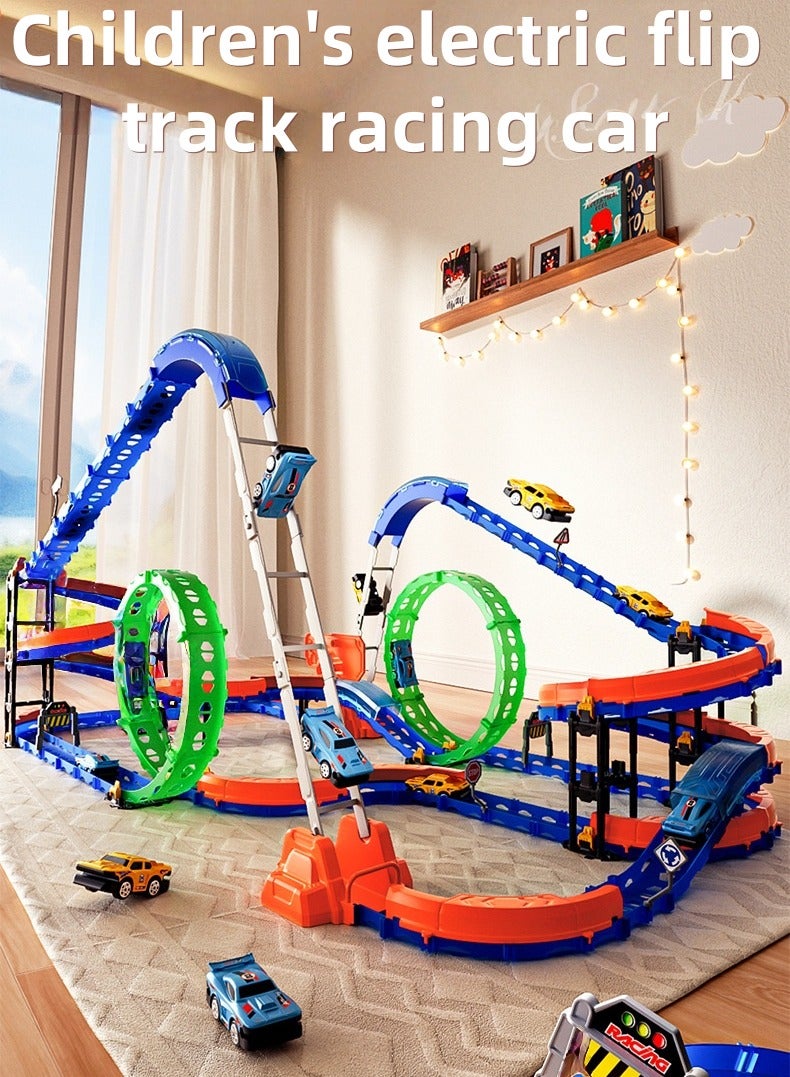 91PCS Glow Flip Track Racing Car Set – DIY Electric Loop Track with Spiral Ramp, Rechargeable Light-Up Cars, Climbing Stairs & 360° Stunt Challenge – STEM Toy for Kids 5+ 🎁 Great Gift for Eid or Birthday 🚗  - Image 2
