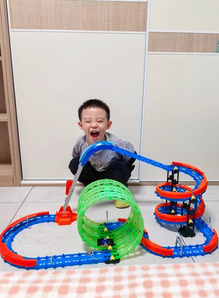 91PCS Glow Flip Track Racing Car Set – DIY Electric Loop Track with Spiral Ramp, Rechargeable Light-Up Cars, Climbing Stairs & 360° Stunt Challenge – STEM Toy for Kids 5+ 🎁 Great Gift for Eid or Birthday 🚗  - Image 3