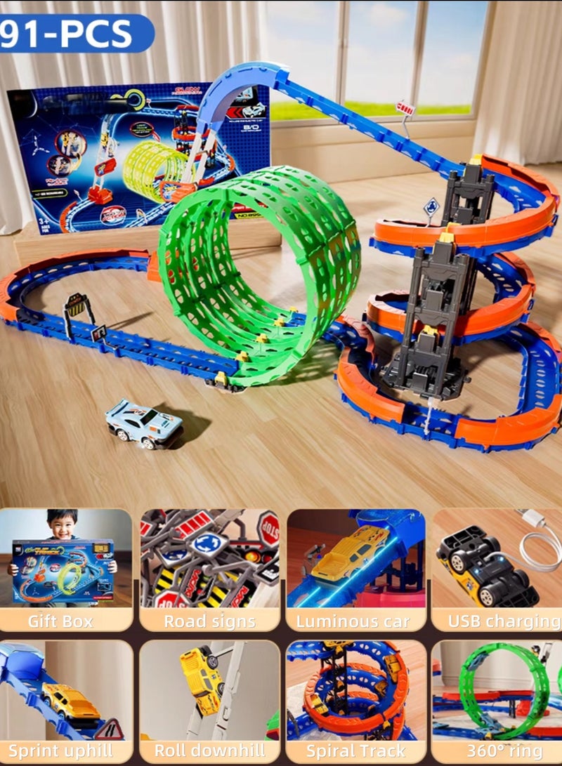 مجموعة سباق سيارات مضيئة 91 قطعة – مسار كهربائي قابل للتجميع مع حلقات لولبية، سيارات قابلة لإعادة الشحن، سلالم متحركة وتحدي دوران 360 درجة – لعبة تعليمية STEM للأطفال من عمر 5 سنوات 🎁 هدية مثالية للعيد أو عيد الميلاد 🚗 - Image 2