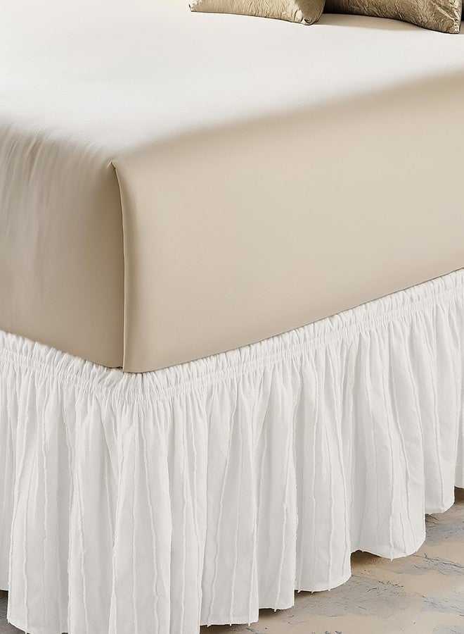 Mindsoft King Size Bed Skirt 15 Inch Drop Boho Wrap Around Bed Skirt White Adjustable Elastic Dust Ruffle with Tufted Dot for Home Hotel Decor - Image 1