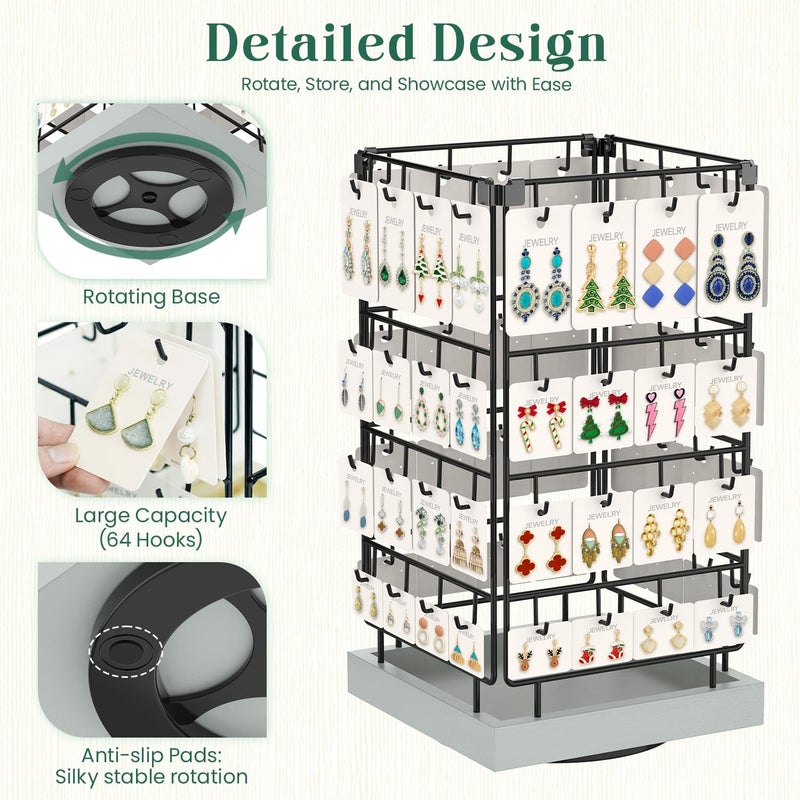 EsLuker.ly Rotating Earring Display Holder Stand for Vendors Events Selling, Large Capacity 64 Hooks Jewelry Rack with Wooden Base for Earring Card Sales, Enhances Retail Visibility (Light Grey) - Image 2