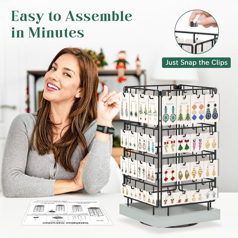 EsLuker.ly Rotating Earring Display Holder Stand for Vendors Events Selling, Large Capacity 64 Hooks Jewelry Rack with Wooden Base for Earring Card Sales, Enhances Retail Visibility (Light Grey) - Image 4