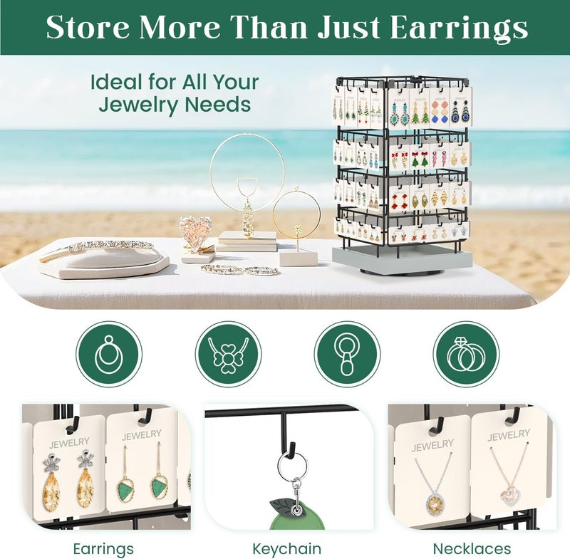 EsLuker.ly Rotating Earring Display Holder Stand for Vendors Events Selling, Large Capacity 64 Hooks Jewelry Rack with Wooden Base for Earring Card Sales, Enhances Retail Visibility (Light Grey) - Image 3