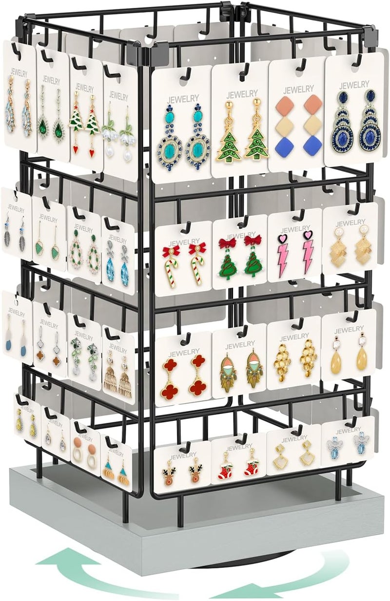 EsLuker.ly Rotating Earring Display Holder Stand for Vendors Events Selling, Large Capacity 64 Hooks Jewelry Rack with Wooden Base for Earring Card Sales, Enhances Retail Visibility (Light Grey) - Image 1