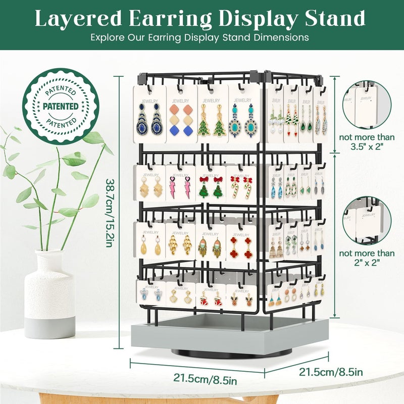 EsLuker.ly Rotating Earring Display Holder Stand for Vendors Events Selling, Large Capacity 64 Hooks Jewelry Rack with Wooden Base for Earring Card Sales, Enhances Retail Visibility (Light Grey) - Image 5