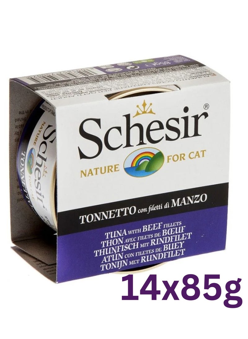 Schesir Cat Adult Wet Food Tuna With Beef Fillets - 14x85g - 100% Natural Cat Wet Food