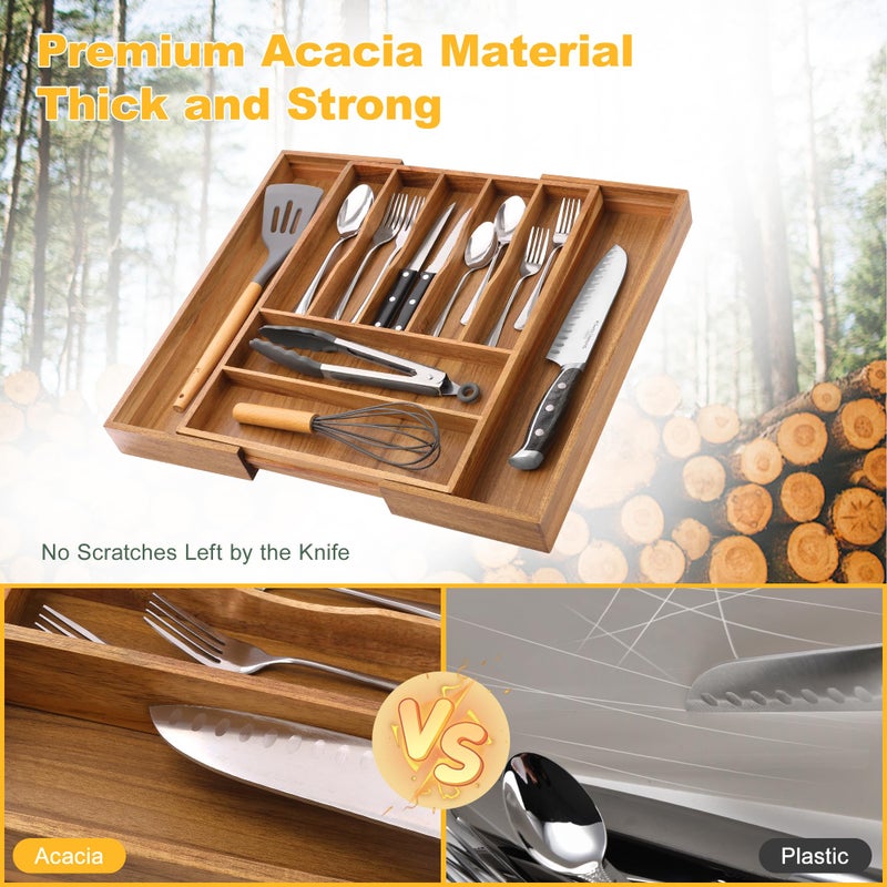 oridom Large Premium Acacia Silverware Organizer - Expandable Drawer Organizer & Utensil Organizer - 17"x19.7" Cutlery Tray with Dividers for Kitchen Utensils and Flatware (7-9 Slots) Acacia - Image 4