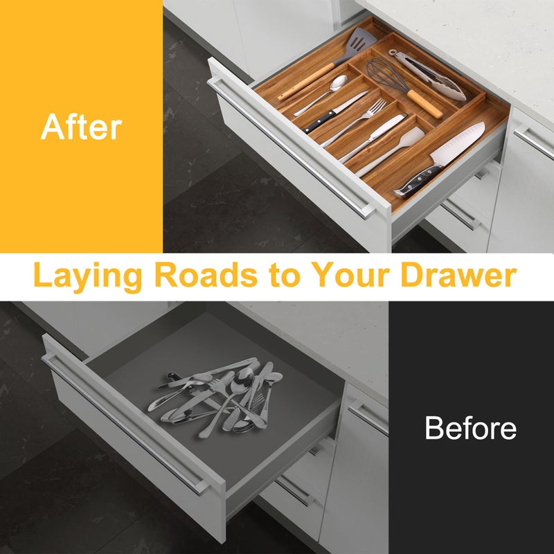oridom Large Premium Acacia Silverware Organizer - Expandable Drawer Organizer & Utensil Organizer - 17"x19.7" Cutlery Tray with Dividers for Kitchen Utensils and Flatware (7-9 Slots) Acacia - Image 3