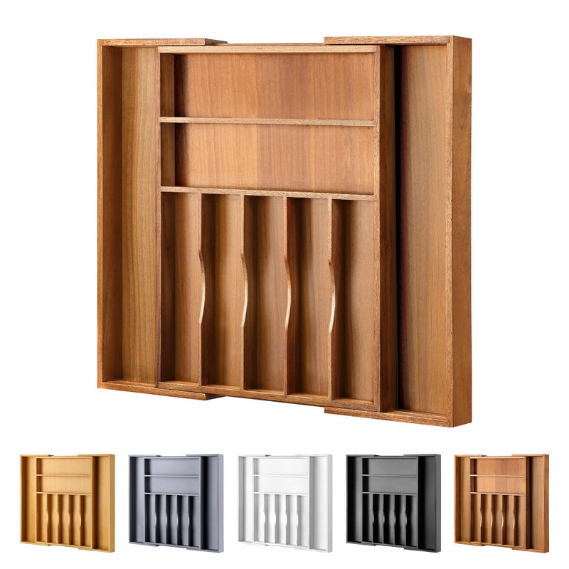 oridom Large Premium Acacia Silverware Organizer - Expandable Drawer Organizer & Utensil Organizer - 17"x19.7" Cutlery Tray with Dividers for Kitchen Utensils and Flatware (7-9 Slots) Acacia - Image 1