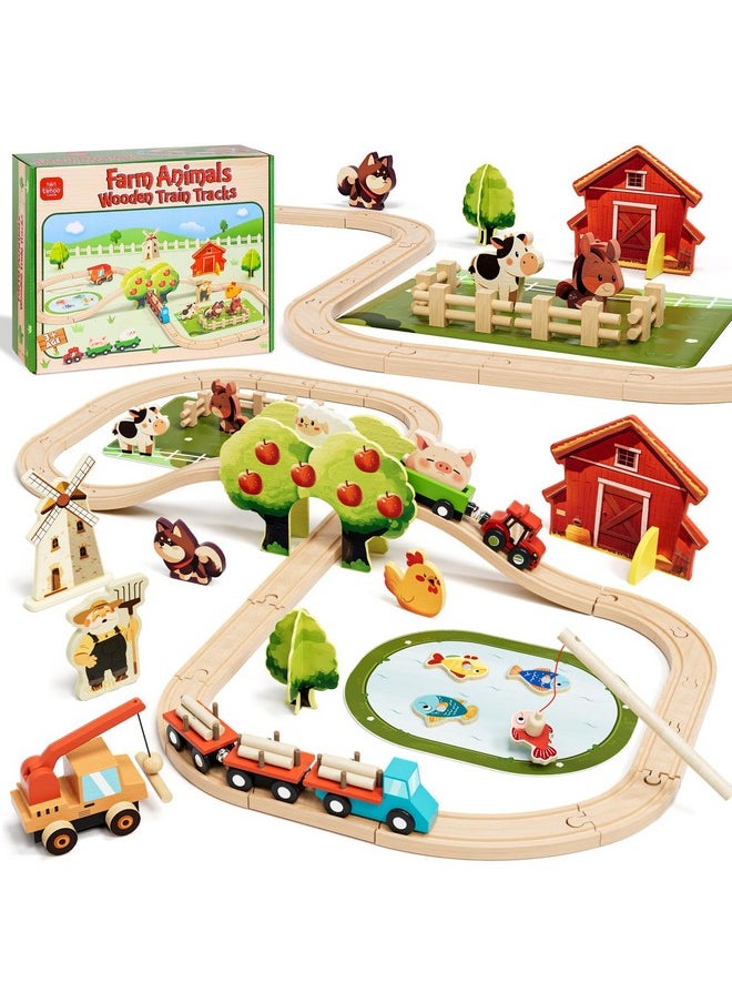 Lehoo Castle Lehoo Castle Wooden Train Set for Toddlers 2-4, Wooden Train Track, Farm Animals Toys for Ages 3-5, 3 Year Old Boy Gift, Toys for 4 Year Old Boys  - Image 1