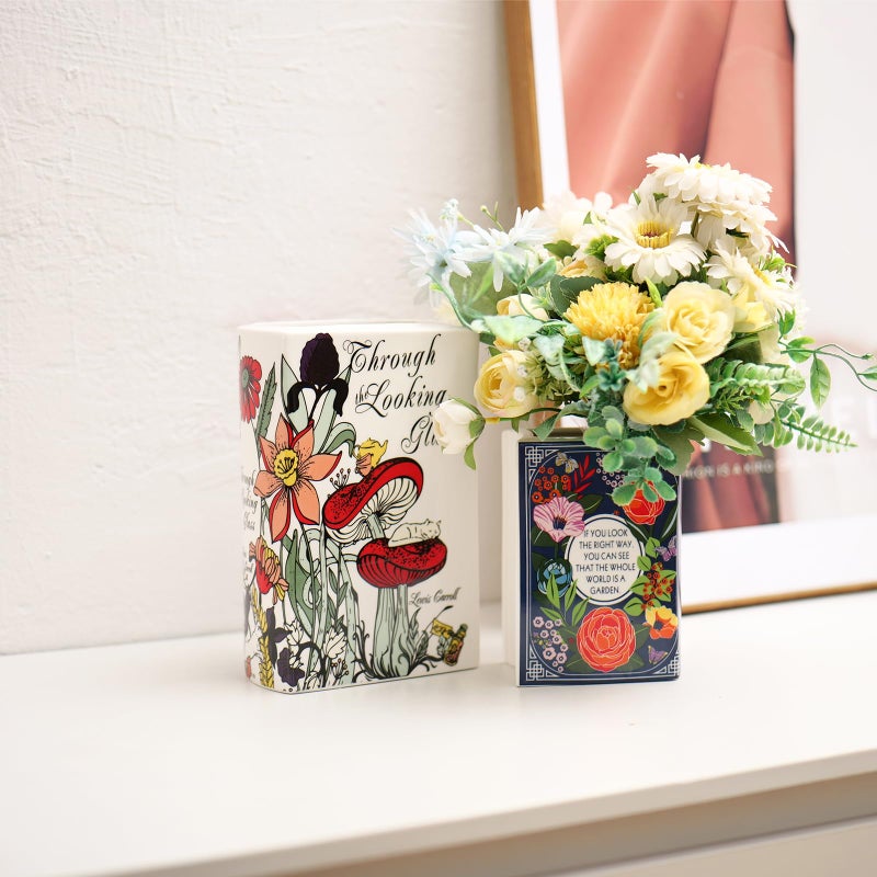 Romehaha Book-Shaped Decorative Vase,Romehaha Book Vase for Flowers,Modern Ceramic Aesthetics Infused with Artistic Cultural Style,Cute Bookshelf Decor(Large - Through The Looking Glass) - Image 5