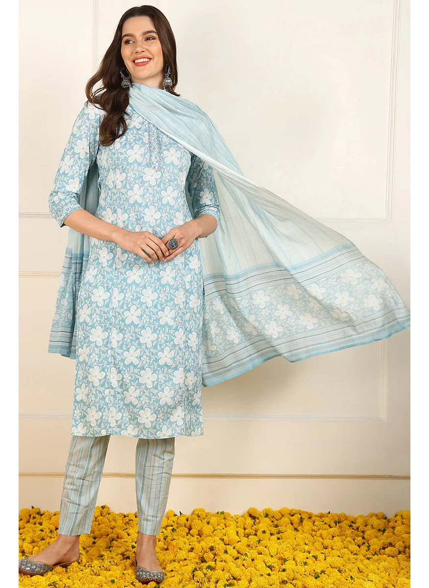 زيري سوق Blue Cotton Floral Printed Straight Kurta Set