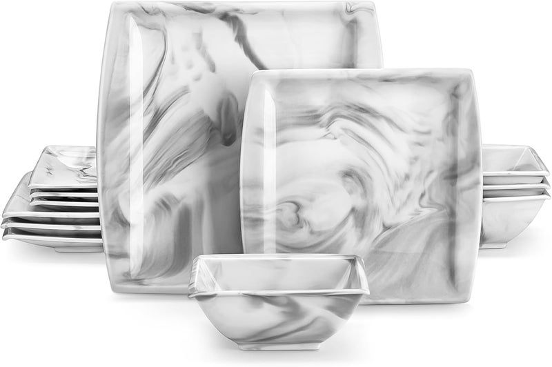 MALACASA Plates and Bowls Sets 12Piece Porcelain Dinnerware Sets for 4 Square Plates and Bowls for Dessert Salad and Soup Ceramic Dishes Dining Dishware Set Marble Grey Series Blance - Image 1