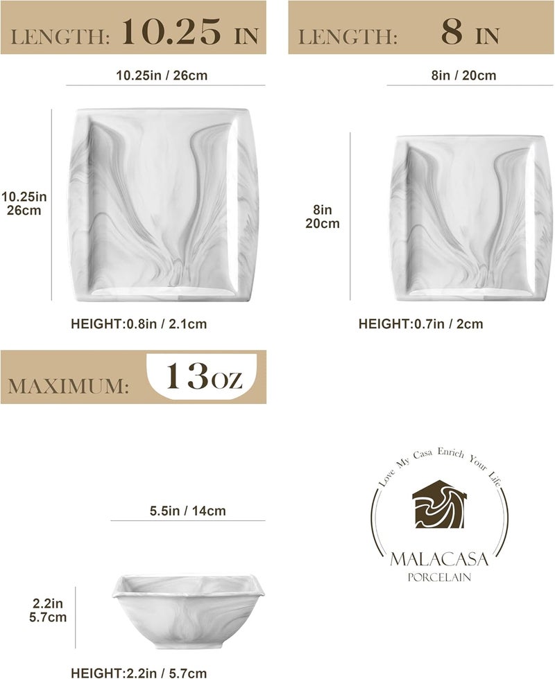 MALACASA Plates and Bowls Sets 12Piece Porcelain Dinnerware Sets for 4 Square Plates and Bowls for Dessert Salad and Soup Ceramic Dishes Dining Dishware Set Marble Grey Series Blance - Image 2