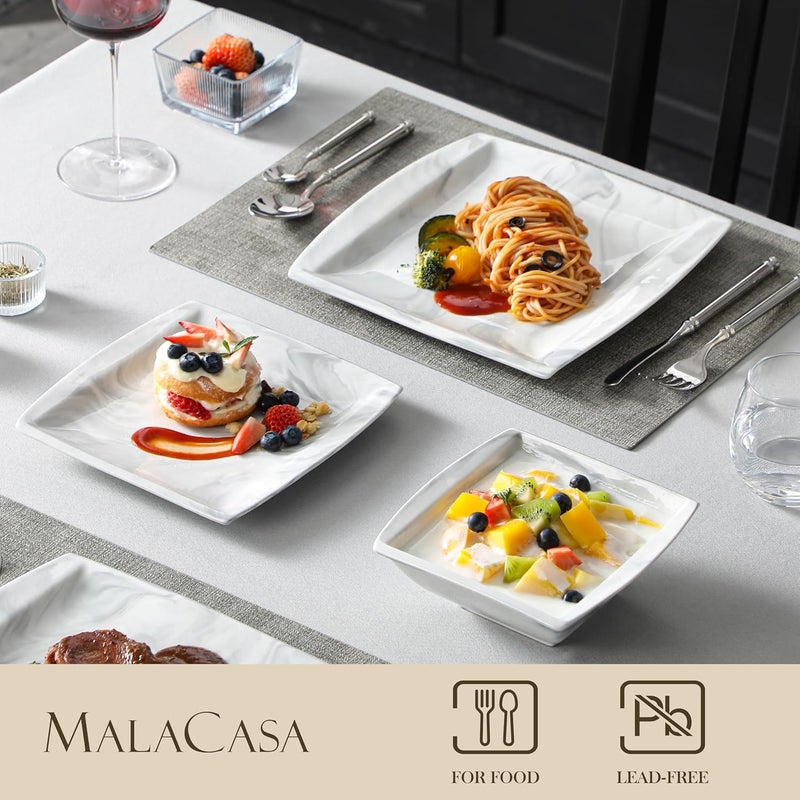 MALACASA Plates and Bowls Sets 12Piece Porcelain Dinnerware Sets for 4 Square Plates and Bowls for Dessert Salad and Soup Ceramic Dishes Dining Dishware Set Marble Grey Series Blance - Image 3