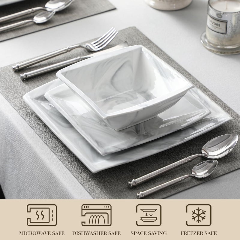 MALACASA Plates and Bowls Sets 12Piece Porcelain Dinnerware Sets for 4 Square Plates and Bowls for Dessert Salad and Soup Ceramic Dishes Dining Dishware Set Marble Grey Series Blance - Image 4