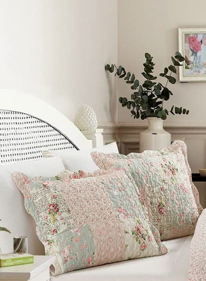 Brilliant Sunshine Traditional Rose and Sage Patchwork Pillowshams Set, Quilted Standard Pillowcases, 20x26 with 2" Flange, Scalloped Edge Pillow Covers, Pack of 2, Pink - Image 4