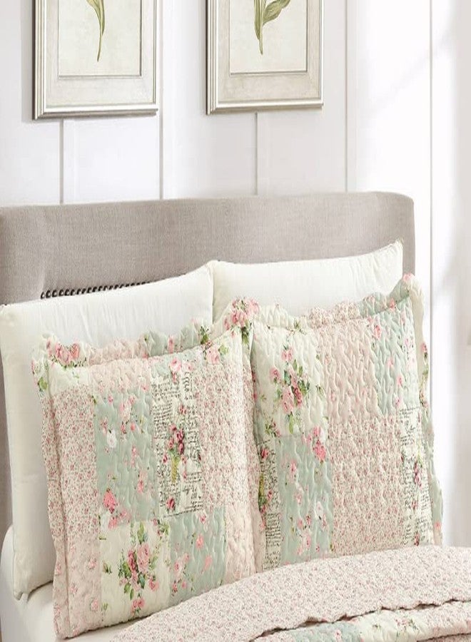 Brilliant Sunshine Traditional Rose and Sage Patchwork Pillowshams Set, Quilted Standard Pillowcases, 20x26 with 2" Flange, Scalloped Edge Pillow Covers, Pack of 2, Pink - Image 1