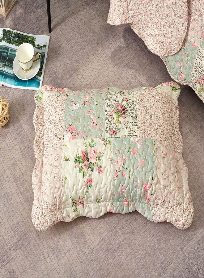 Brilliant Sunshine Traditional Rose and Sage Patchwork Pillowshams Set, Quilted Standard Pillowcases, 20x26 with 2" Flange, Scalloped Edge Pillow Covers, Pack of 2, Pink - Image 2