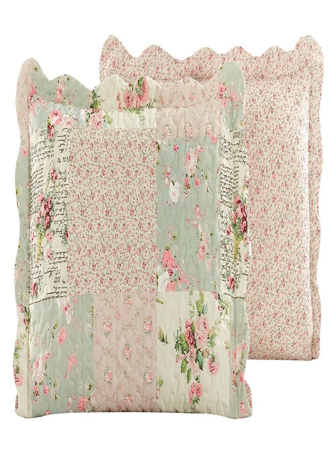 Brilliant Sunshine Traditional Rose and Sage Patchwork Pillowshams Set, Quilted Standard Pillowcases, 20x26 with 2" Flange, Scalloped Edge Pillow Covers, Pack of 2, Pink - Image 3