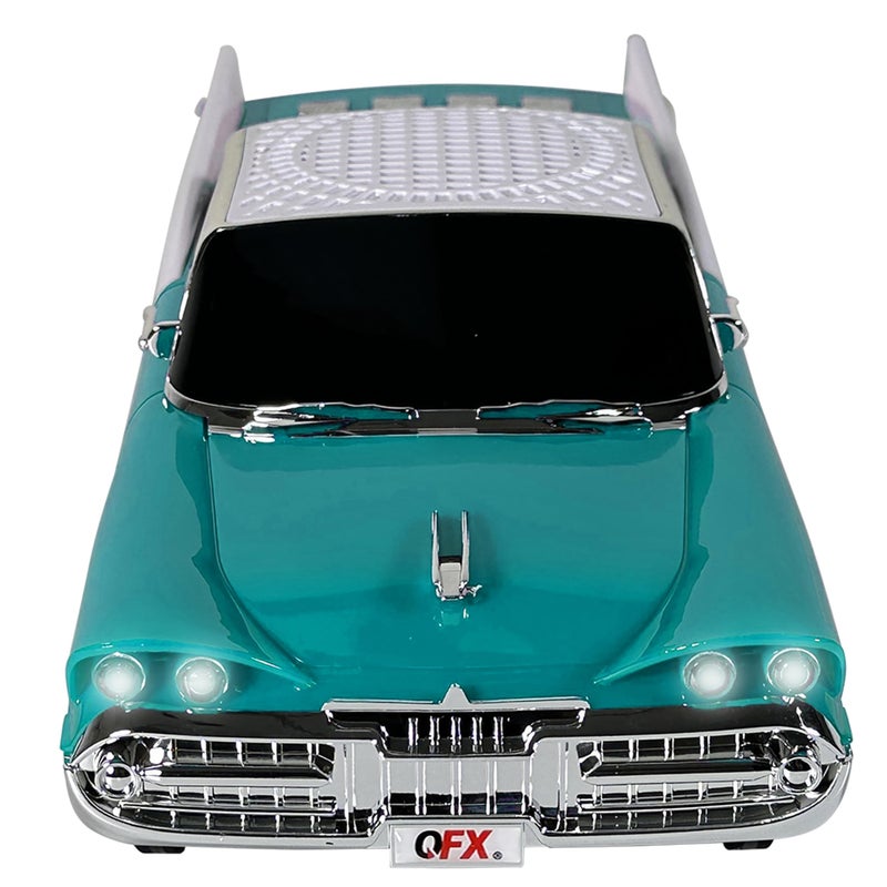 QFX Bluetooth 1959 Retro Classic Car Speaker Dual 2inch Speakers HandsFree Link Builtin Microphone FM Radio and LED Party Lights Emerald BT1959EMR