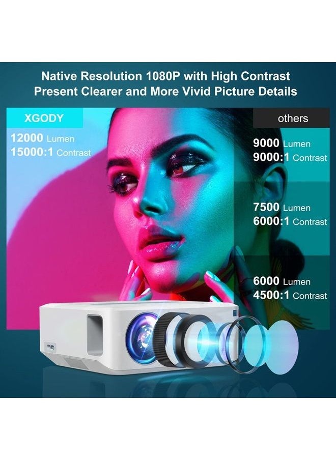XGODY - XGODY Portable Smart Projector X1 Native 1080p Android TV 9.0 Bluetooth 5G Wifi 12000 Lumen Portable Projector, Support 200'' 8K Vedio Outdoor Projector with 4P Keystone Preinstall YouTube Netflix - Image 1