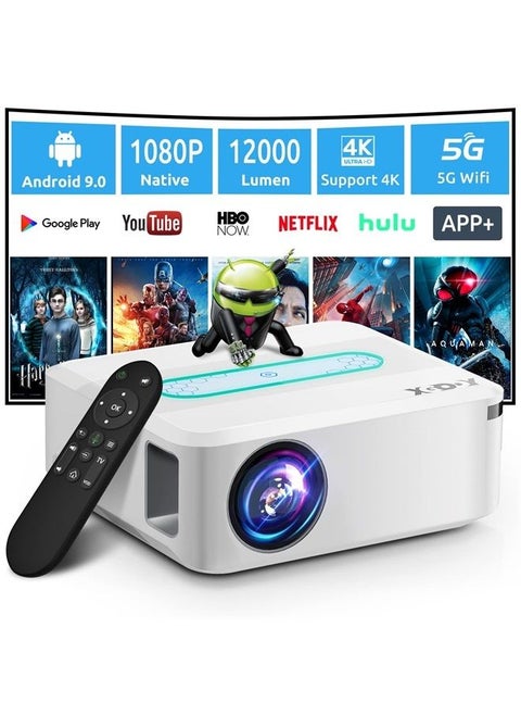 XGODY Portable Smart Projector X1 Native 1080p Android TV 9.0 Bluetooth 5G Wifi 12000 Lumen Portable Projector, Support 200'' 8K Vedio Outdoor Projector with 4P Keystone Preinstall YouTube Netflix