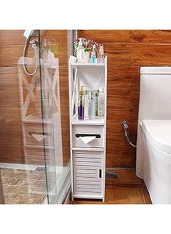 Small Bathroom Storage Corner Floor Cabinet with Doors and Shelves Thin Toilet Vanity Cabinet Narrow Bath Sink Organizer Towel Storage Shelf For Paper Holder White