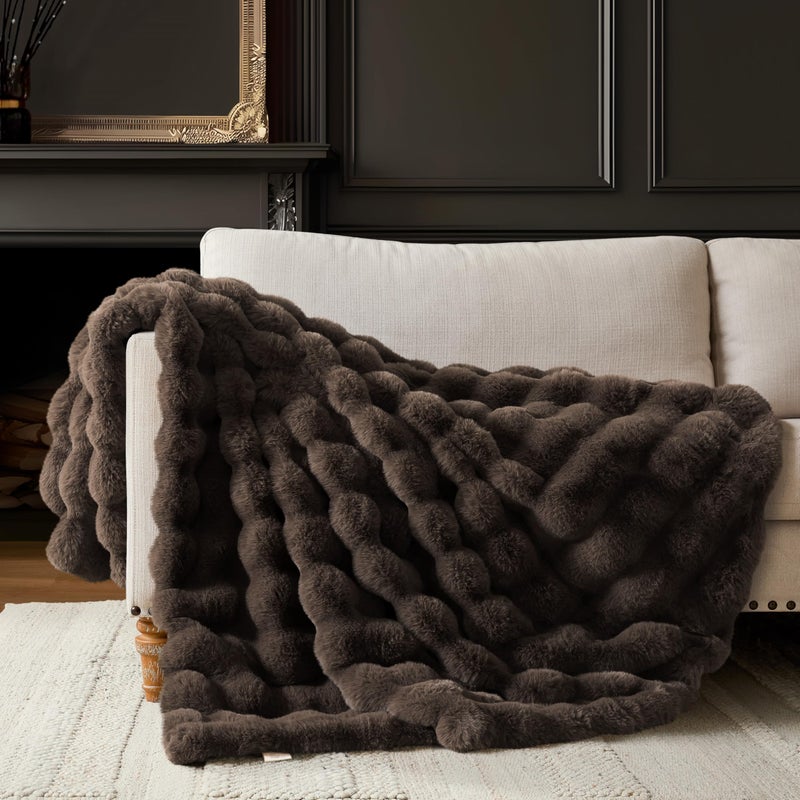WDCOZY Luxury Bubble Throw Blanket, Brown Faux Rabbit Fur Mink Plush Throw for Couch Sofa Bed, Super Soft Fluffy Cozy Decorative Blanket, Thick and Warm, Living Room Decor, Small 50x60 inches - Image 2