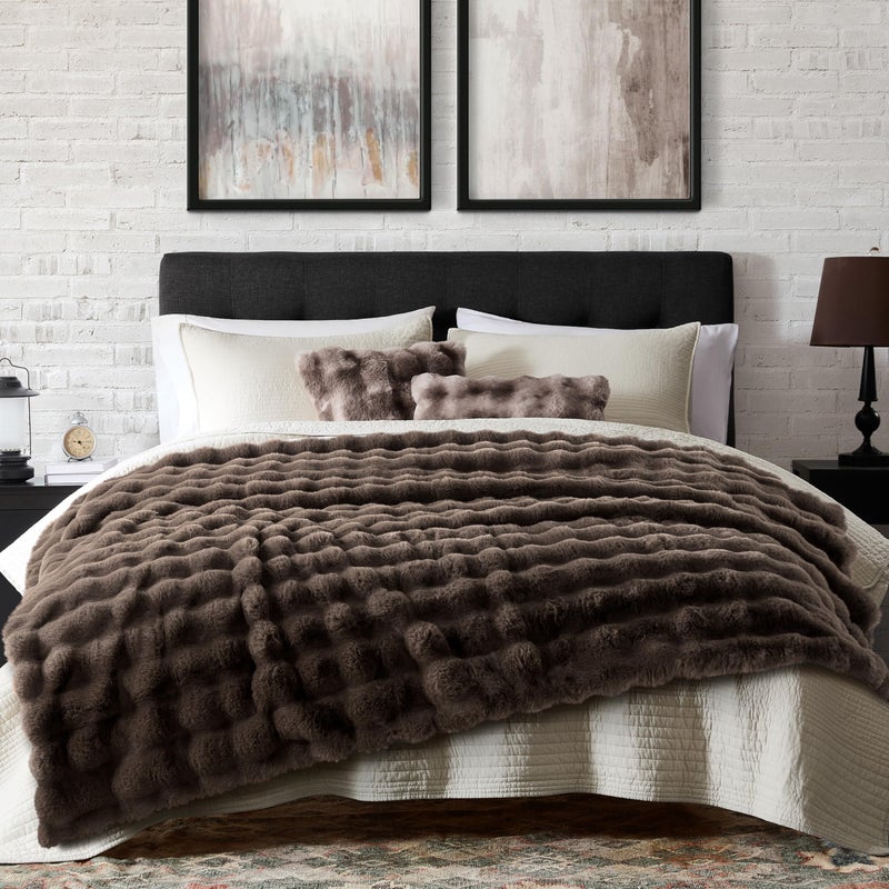 WDCOZY Luxury Bubble Throw Blanket, Brown Faux Rabbit Fur Mink Plush Throw for Couch Sofa Bed, Super Soft Fluffy Cozy Decorative Blanket, Thick and Warm, Living Room Decor, Small 50x60 inches - Image 3