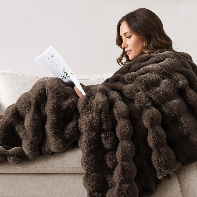 WDCOZY Luxury Bubble Throw Blanket, Brown Faux Rabbit Fur Mink Plush Throw for Couch Sofa Bed, Super Soft Fluffy Cozy Decorative Blanket, Thick and Warm, Living Room Decor, Small 50x60 inches - Image 1