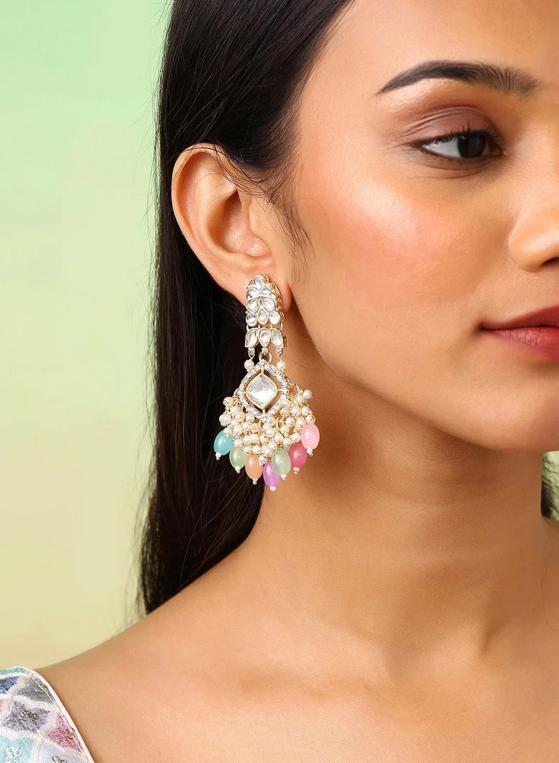 ISHIN Geometric Design Multicolor Beads with Beaded Kundan Combo Drop Earrings