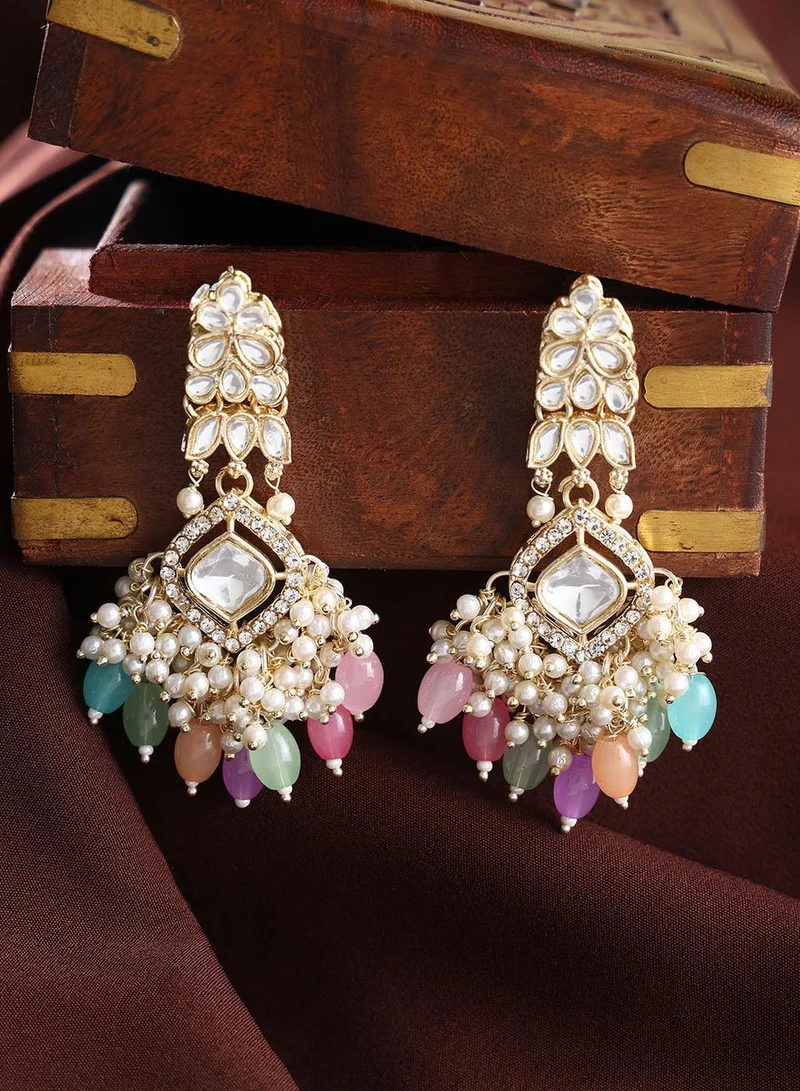 ISHIN Geometric Design Multicolor Beads with Beaded Kundan Combo Drop Earrings