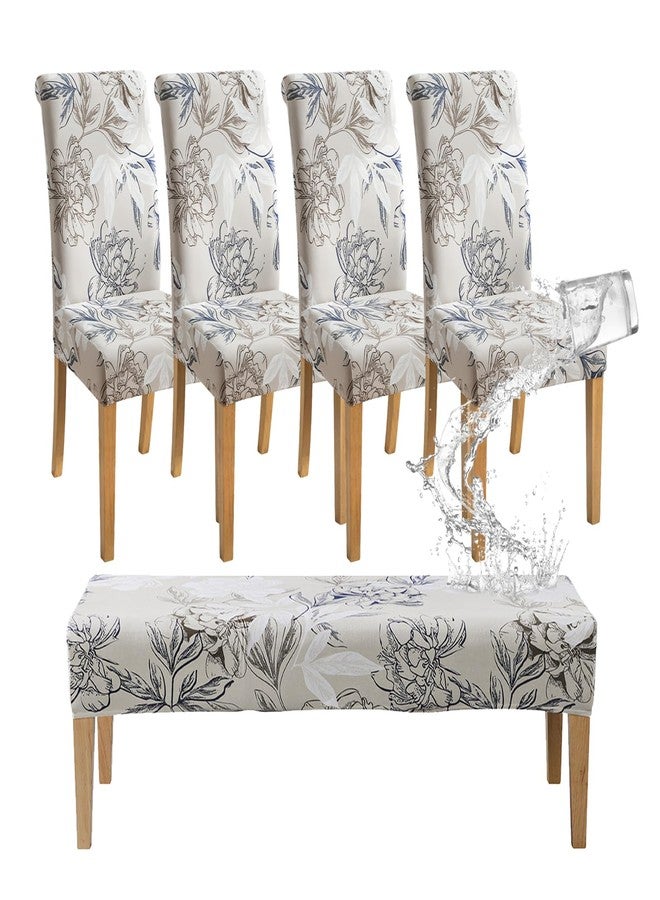 FORCHEER 4 Chair and Bench Covers for Dining Chairs Waterproof Floral Dining Room 4 Piece Kitchen Chair Slipcovers with Bench Seat Cover Set Washable (Waterproof Elegent-Flowers) - Image 1