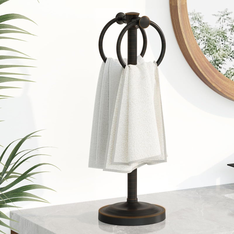 Hoimpro 17 Inch Oil Rubbed Bronze Stainless Steel Free Standing Towel Rack Bar Double Stand Towel Ring Hand Towel Holder Hanger Towel Hardware for Bathroom Vanity Kitchen Countertops