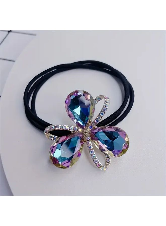 Purple And Champagne Rhinestone Floral Hair Tie Sparkling Stretchy For Women - Image 3