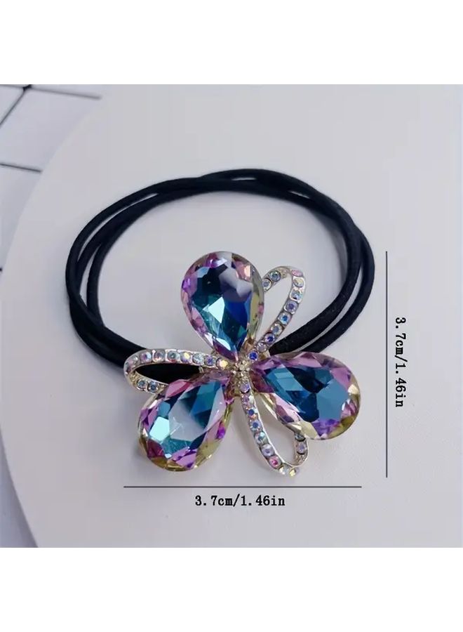 Purple And Champagne Rhinestone Floral Hair Tie Sparkling Stretchy For Women - Image 4