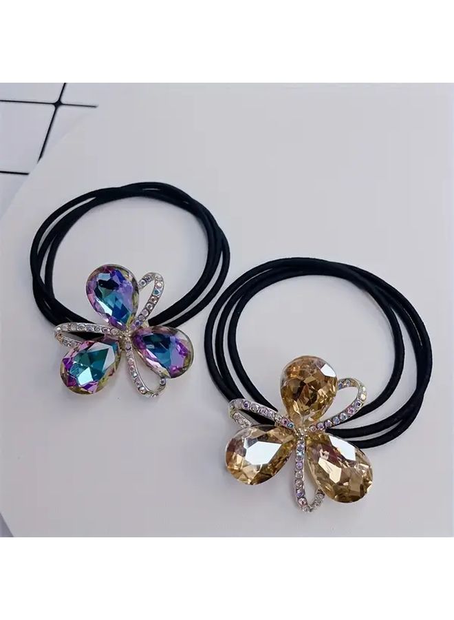 Purple And Champagne Rhinestone Floral Hair Tie Sparkling Stretchy For Women - Image 2