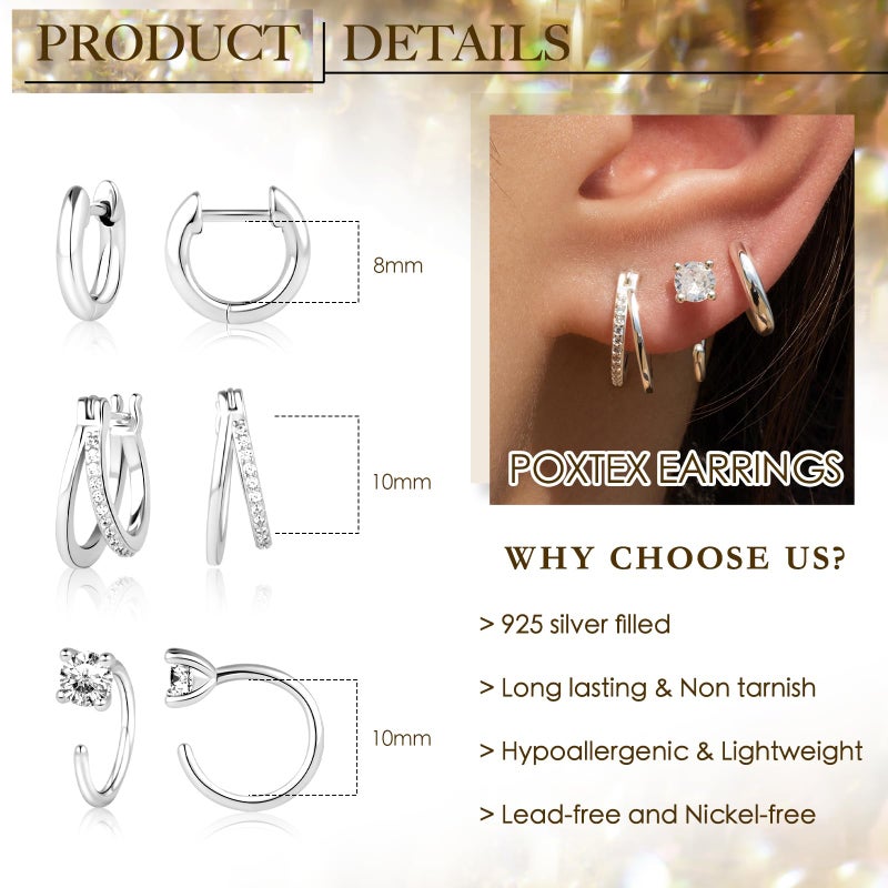 Poxtex Small Silver Hoop Earrings for Women Huggie Cartilage Earrings Set for Multiple Piercing Lightweight Hypoallergenic 925 Sterling Silver Jewelry for Gift - Image 3
