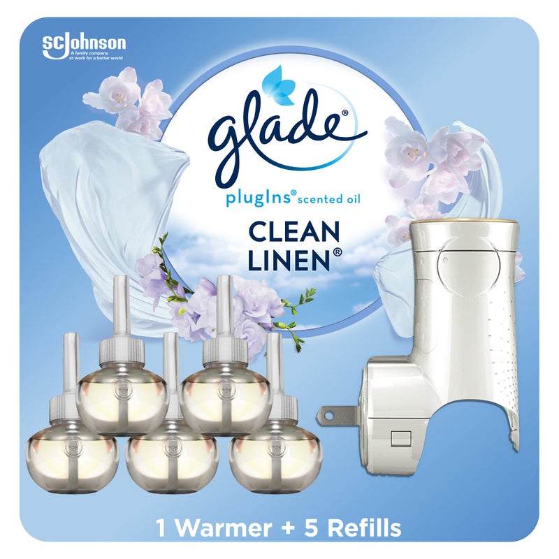 Glade PlugIns Refills Air Freshener Starter Kit, Scented and Essential Oils for Home and Bathroom, Clean Linen, 3.35 Fl Oz, 1 Warmer + 5 Refills - Image 1