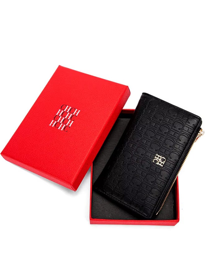 Chchmu CHCH Women's Classic Black Long Wallet, Stylish and Simple Retro Card Holder, Zippered Printed PU Coated Twill Travel Bag - Image 1