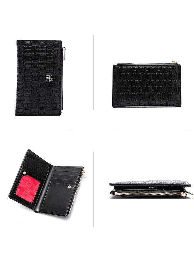 Chchmu CHCH Women's Classic Black Long Wallet, Stylish and Simple Retro Card Holder, Zippered Printed PU Coated Twill Travel Bag - Image 5