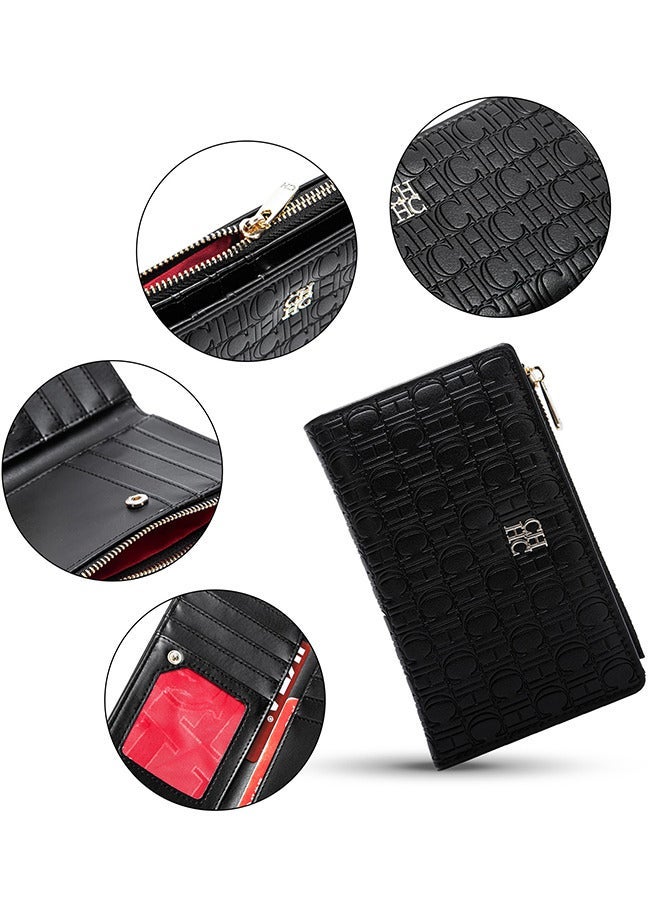 Chchmu CHCH Women's Classic Black Long Wallet, Stylish and Simple Retro Card Holder, Zippered Printed PU Coated Twill Travel Bag - Image 2