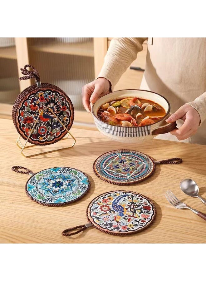 4 Pack Vintage Ceramic Trivets, 7" Heat-Resistant Kitchen Hot Pan Mats with Cork Base, Floral & Geometric Designs - Image 3