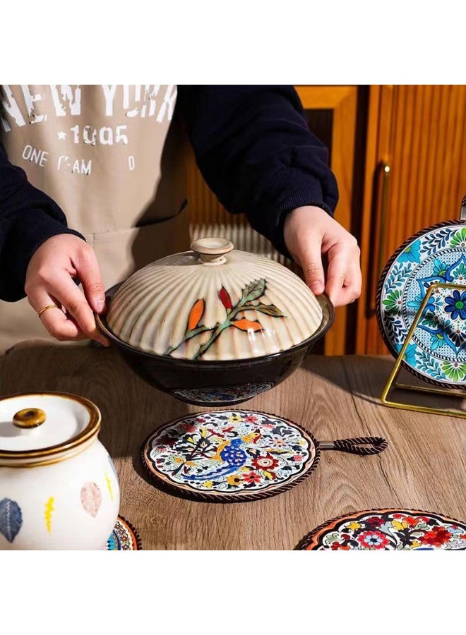 4 Pack Vintage Ceramic Trivets, 7" Heat-Resistant Kitchen Hot Pan Mats with Cork Base, Floral & Geometric Designs - Image 2