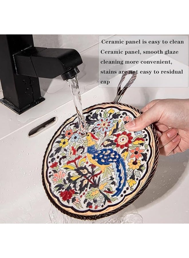 4 Pack Vintage Ceramic Trivets, 7" Heat-Resistant Kitchen Hot Pan Mats with Cork Base, Floral & Geometric Designs - Image 4